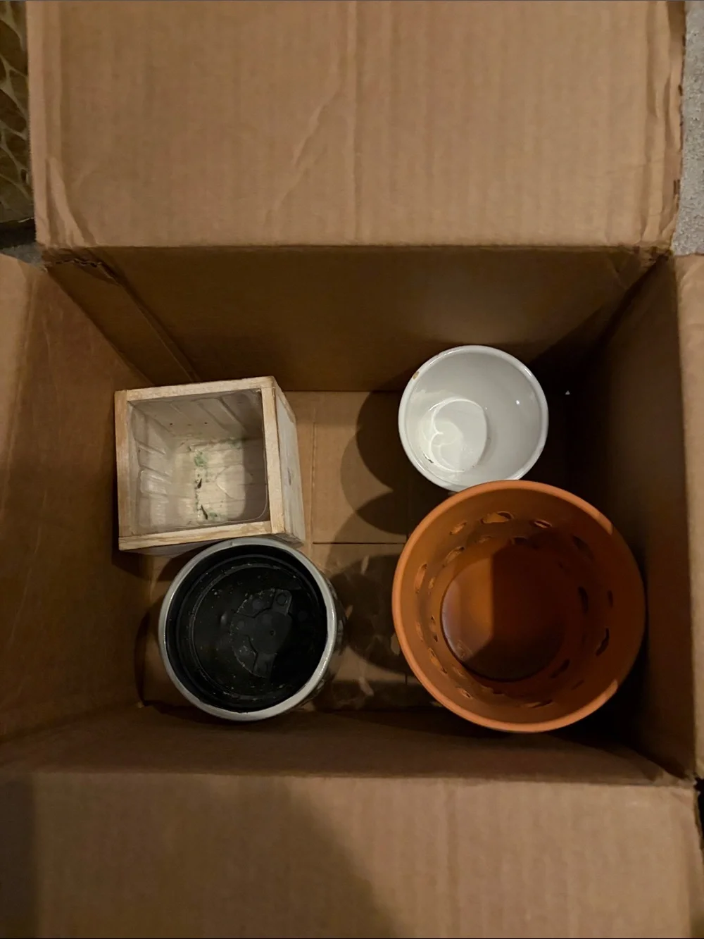 Assorted Ceramic and Wood Planter Set - Orange, White, Natural Wood